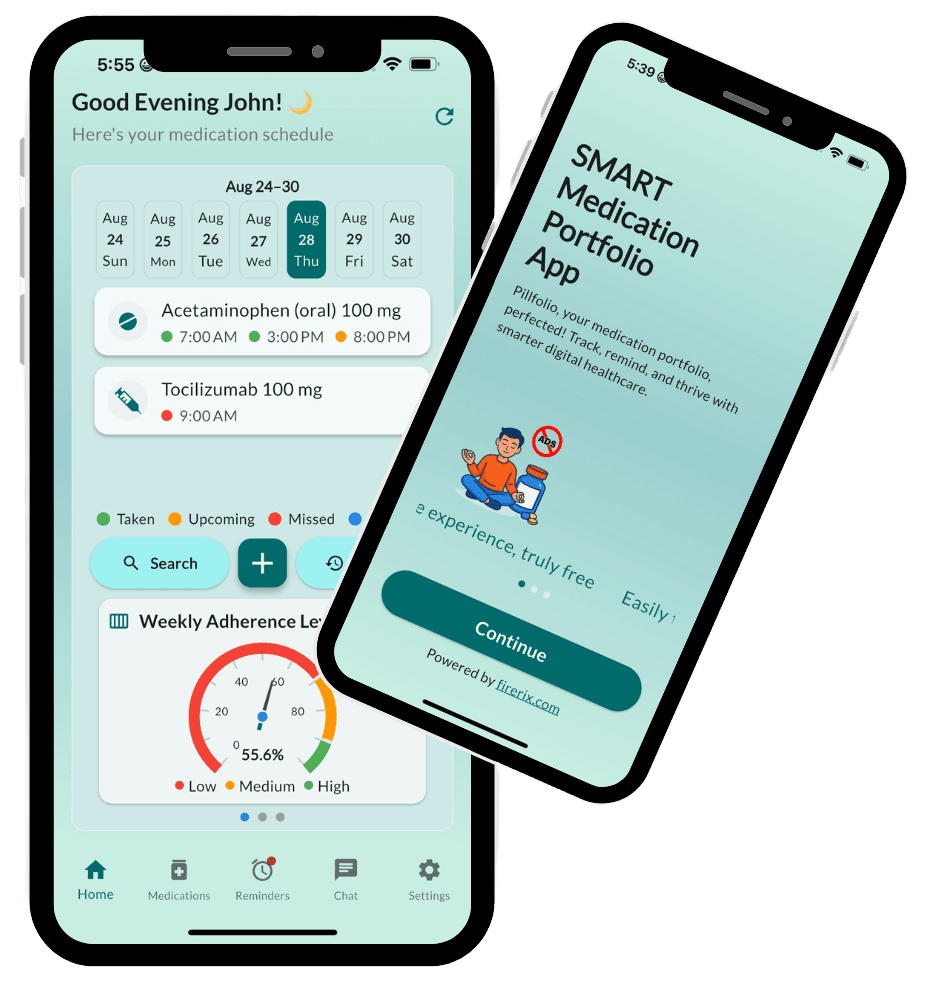 Pillfolio app screenshots displayed on iPhone and Android devices showing different medication management features