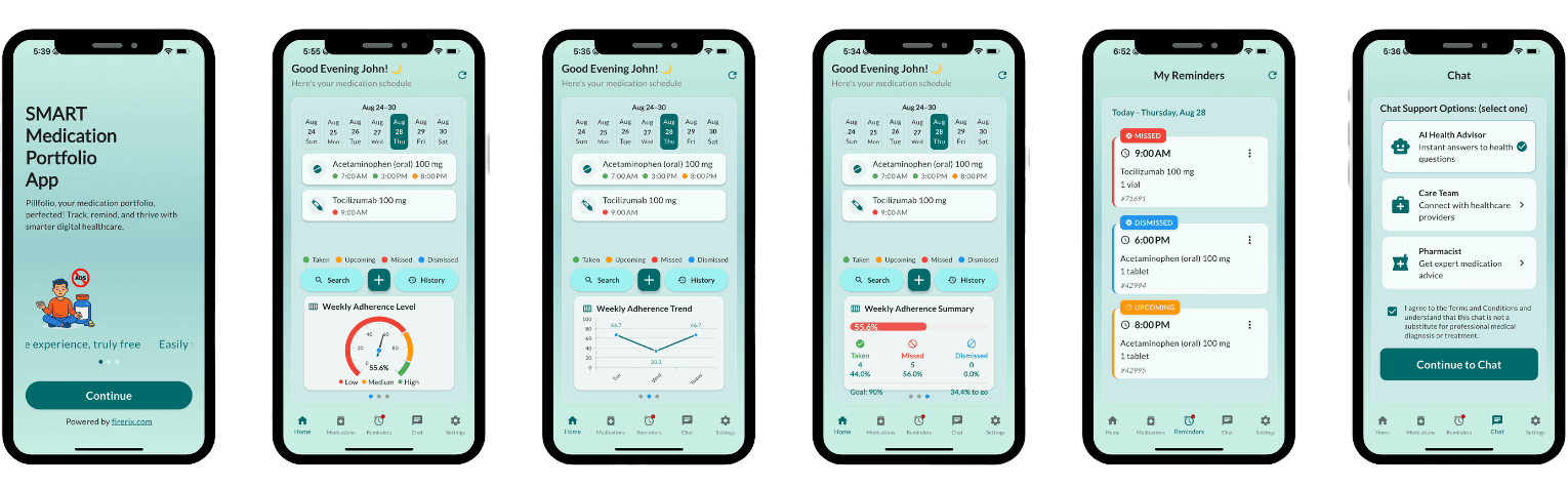 Pillfolio mobile app interface showing medication tracking dashboard and reminder system